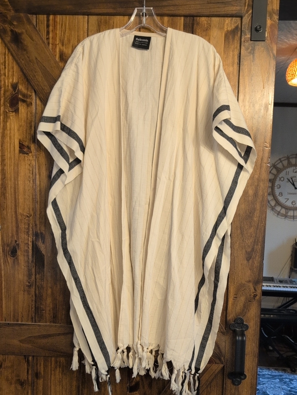 Theloomia 100% Cotton Kimono Cream Black Stripe Fringe